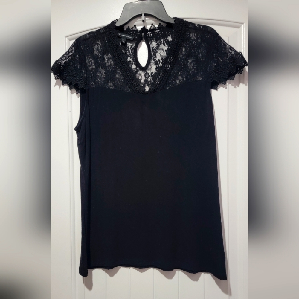 Black Lace INC Blouse - Size XL V neck and arm lace trim. Keyhole back